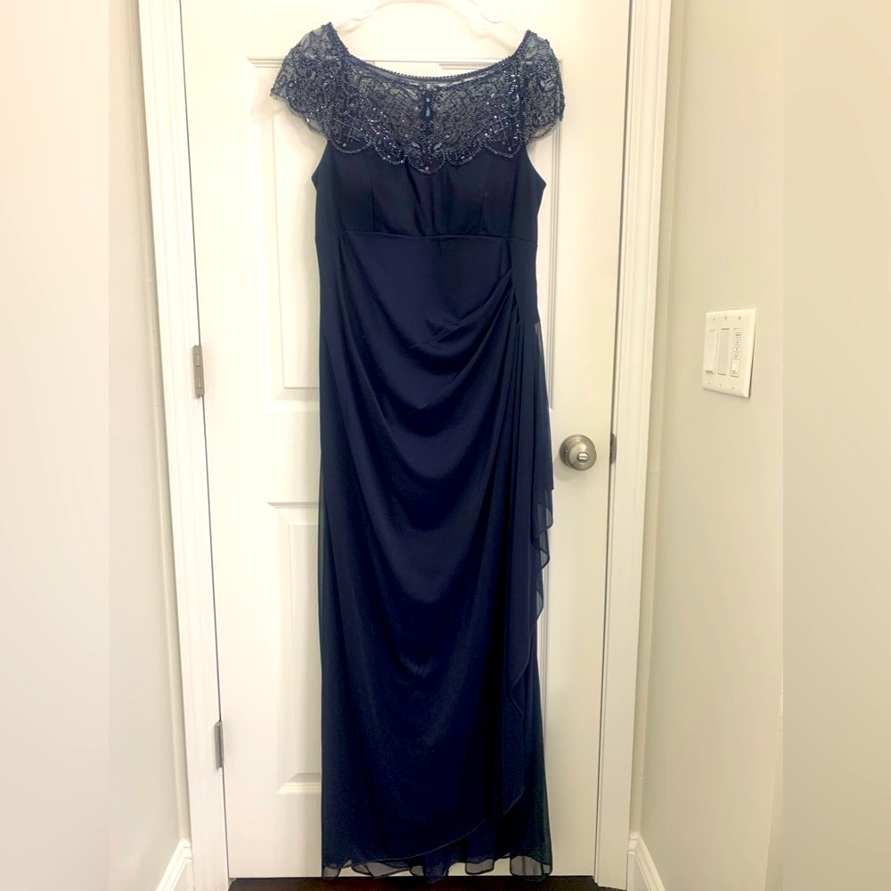 Xscape beaded elegant, navy blue, light weight, evening gown. Size 16